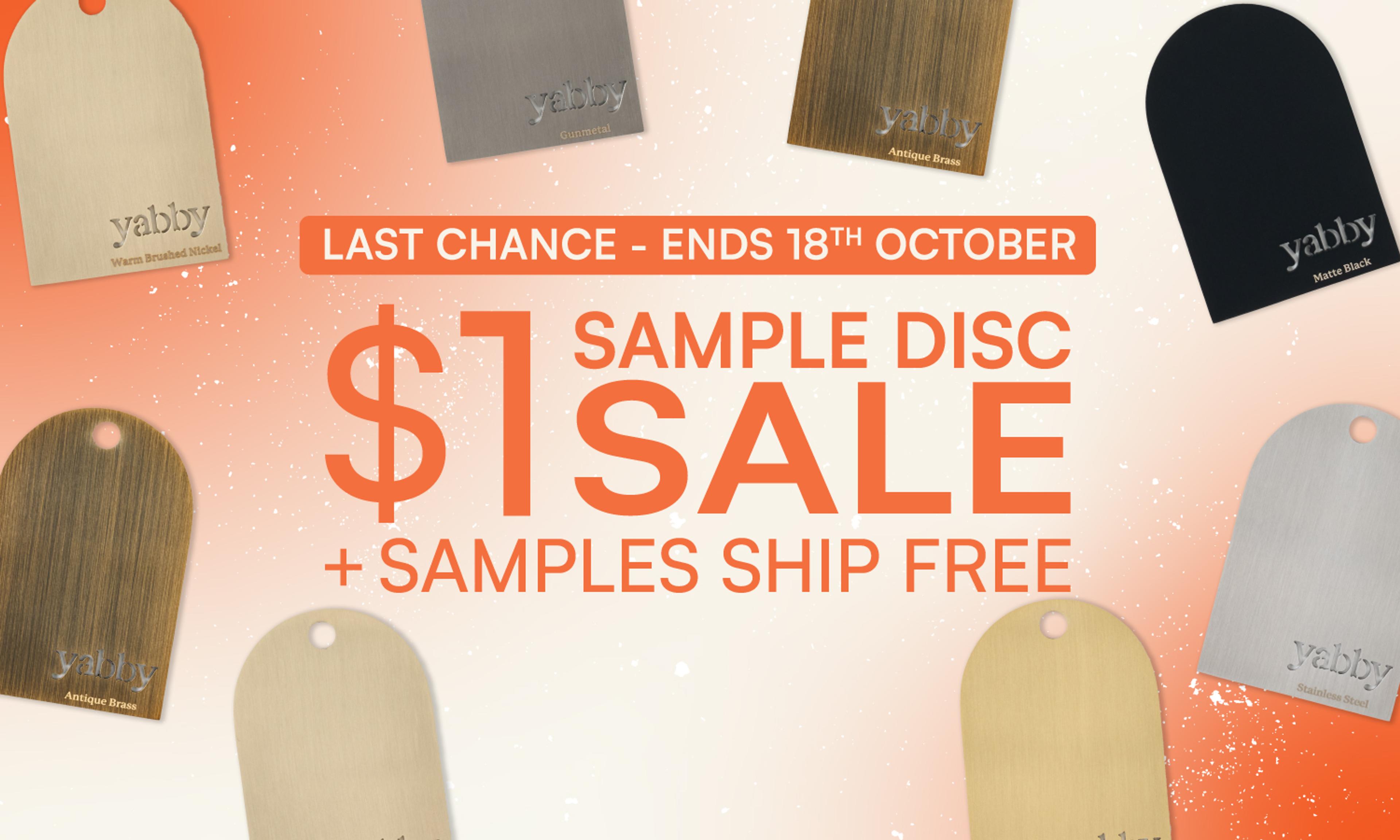 Promotional graphic for a $1 sample disc sale, surrounded by coloured finish samples