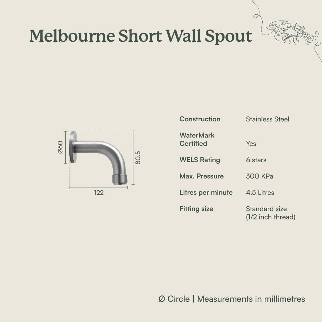 Yabby TAPWARE Melbourne Short Wall Spout Warm Brushed Nickel