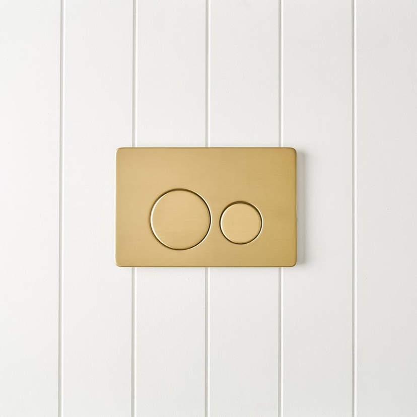 Curved In-Wall Toilet With Round Brushed Brass Buttons | Yabby