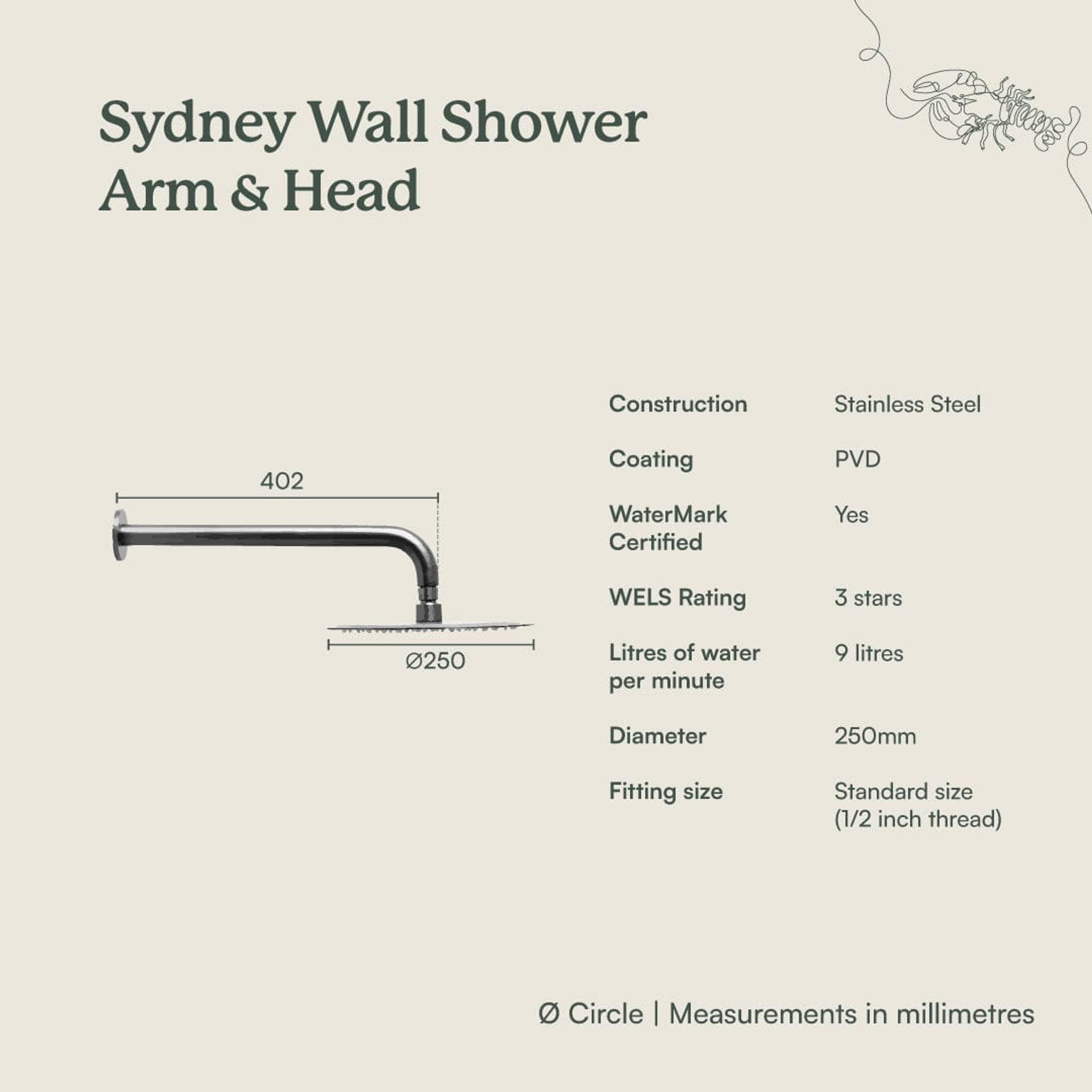 TileCloud TAPWARE Wall Shower Arm and Head Brushed Brass 250mm