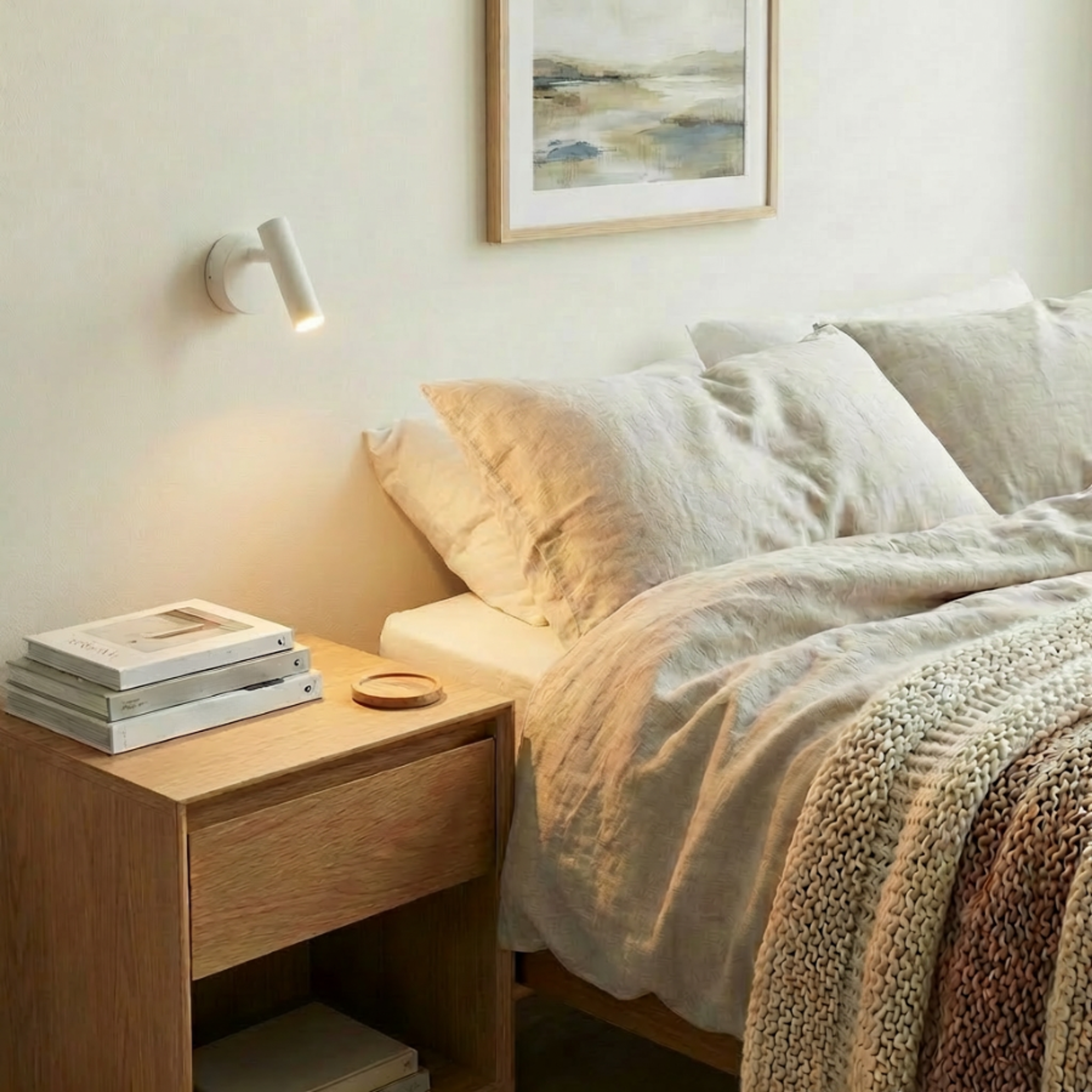 Bedroom with a timber bedside table, layered neutral bedding and a lit wall sconce