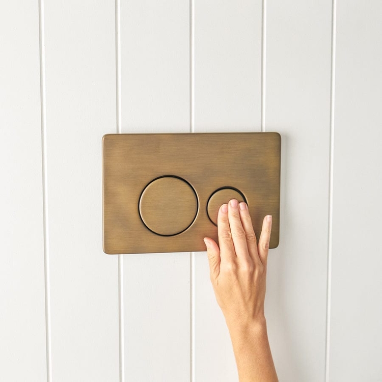 Curved In-Wall Toilet With Round Antique Brass Buttons | Yabby