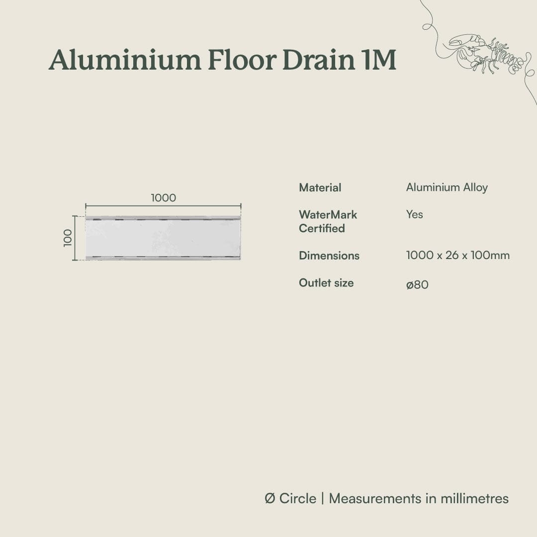 TileCloud TAPWARE Aluminium Floor Drain 1M Brushed Silver
