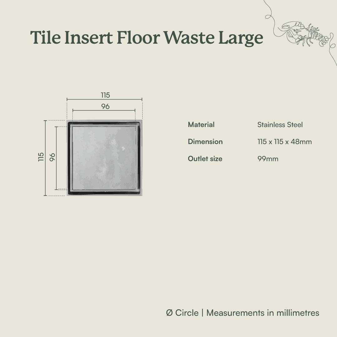 Yabby TAPWARE Tile Insert Floor Waste Large Brushed Brass