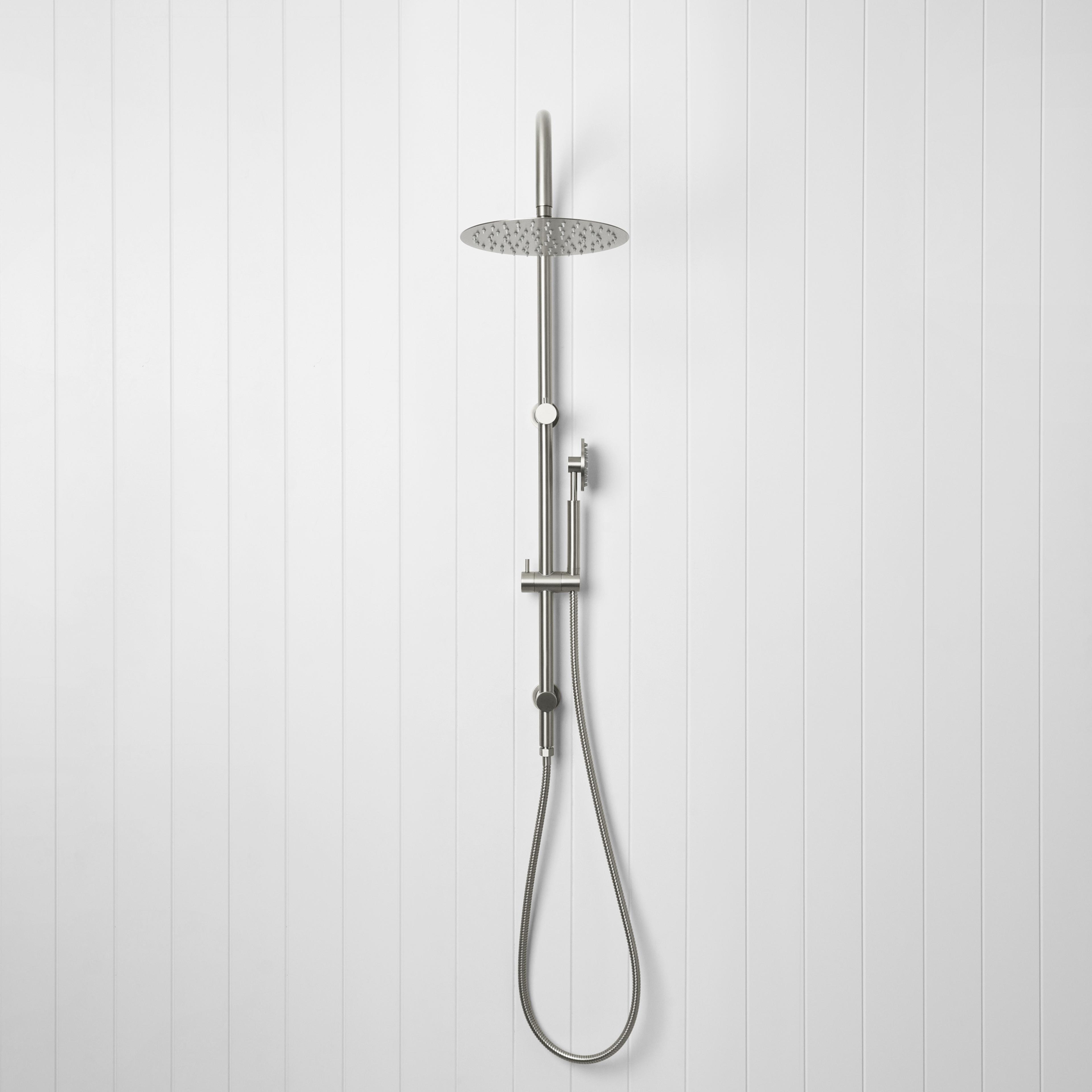 Gooseneck combination shower in stainless steel, with a round overhead shower and handheld sprayer