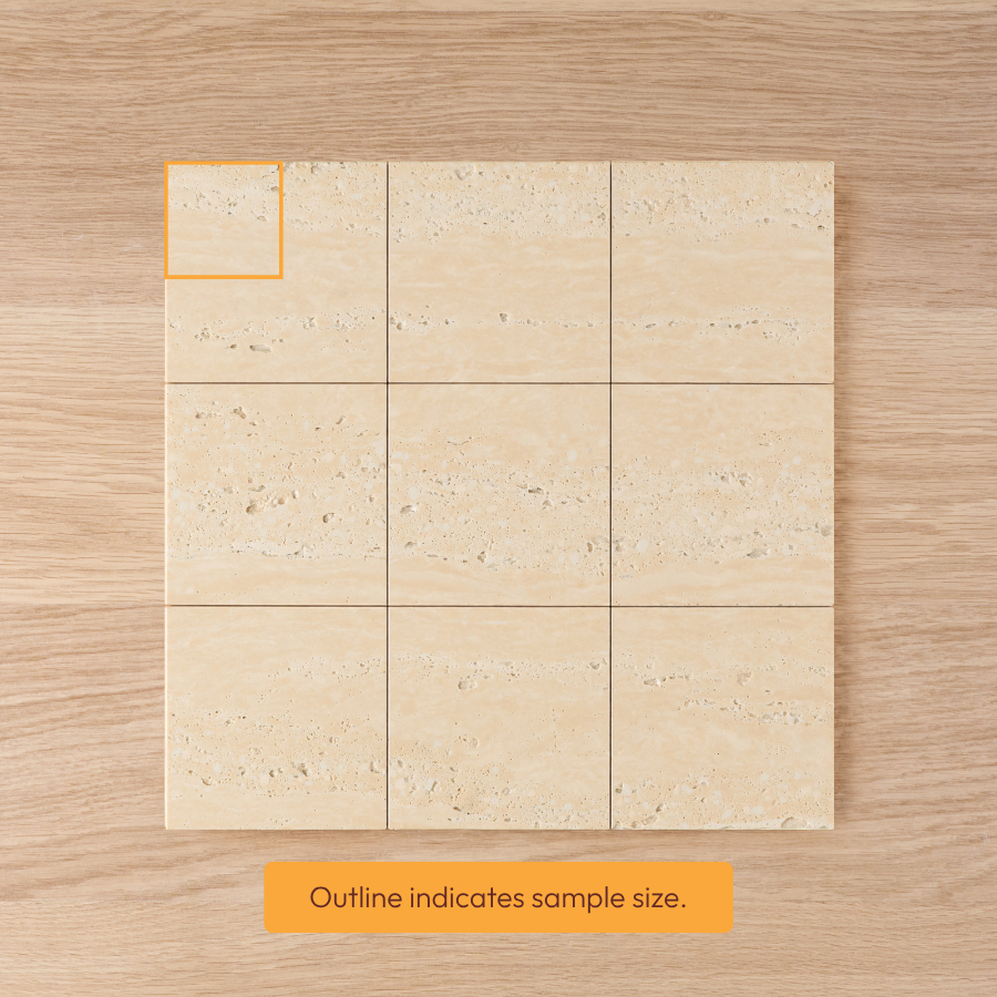 Kirribilli travertine-look sand matte tiles arranged in a grid, with a sample outlined