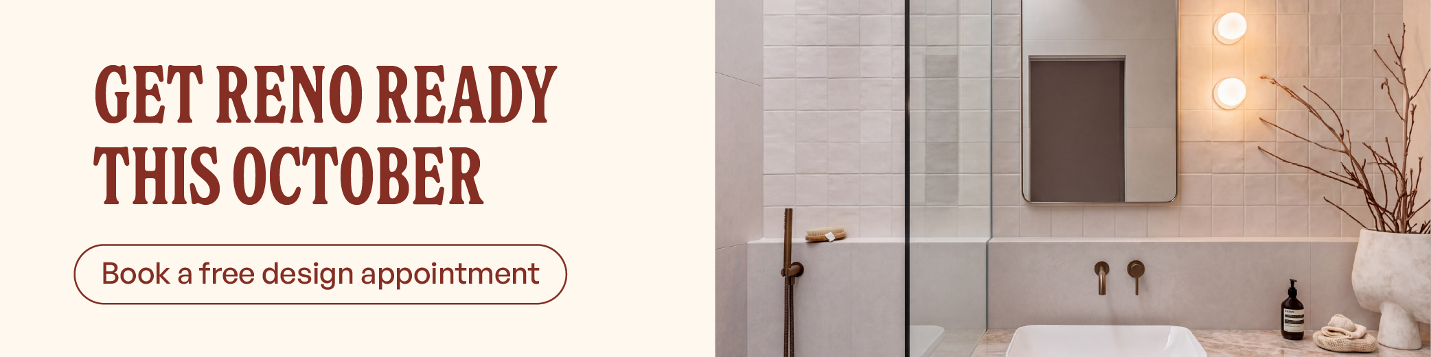 Bathroom with pale tiled walls, a bathtub, wall-mounted tapware and a mirror