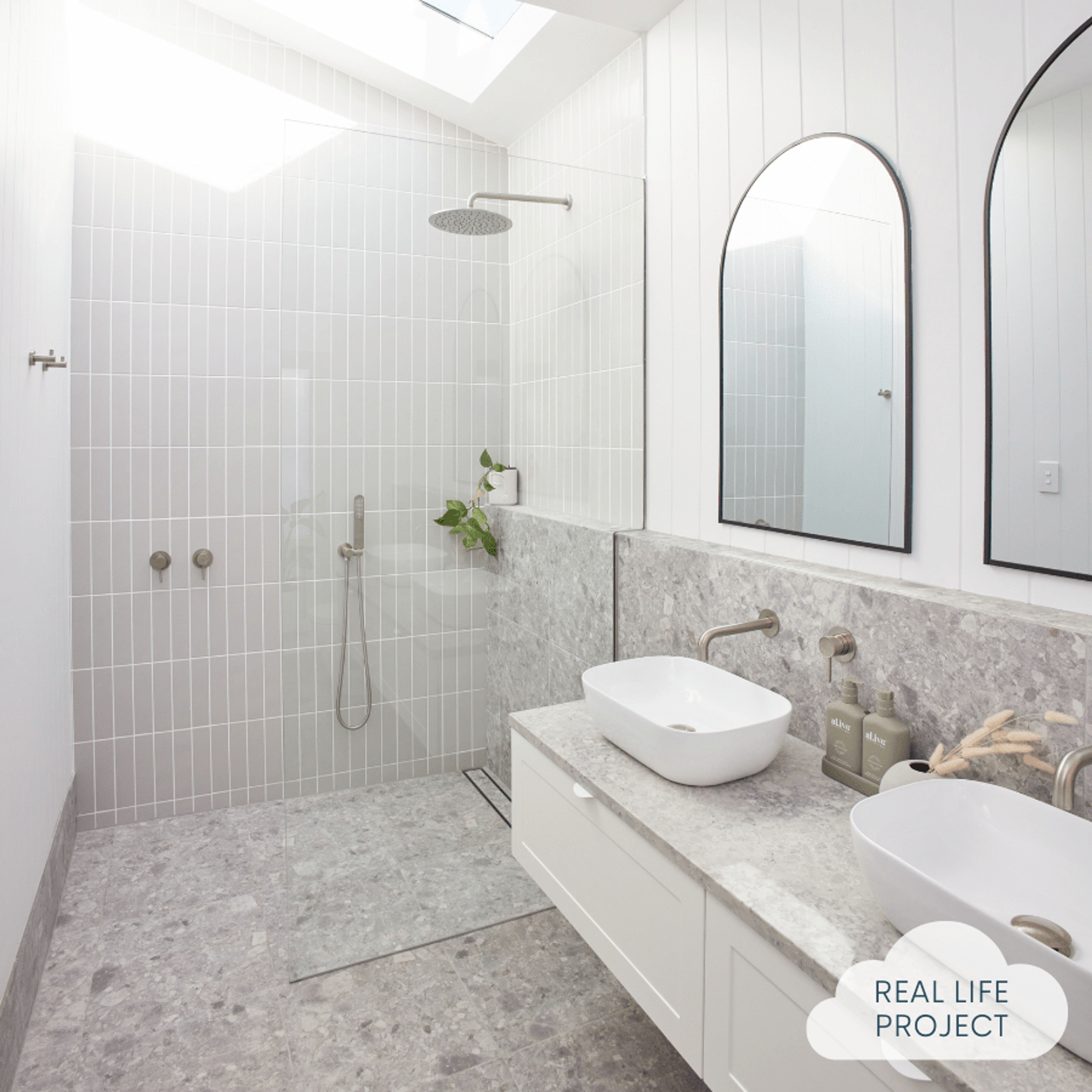 Stirling Grey Terrazzo Look Tile used on bathroom floor