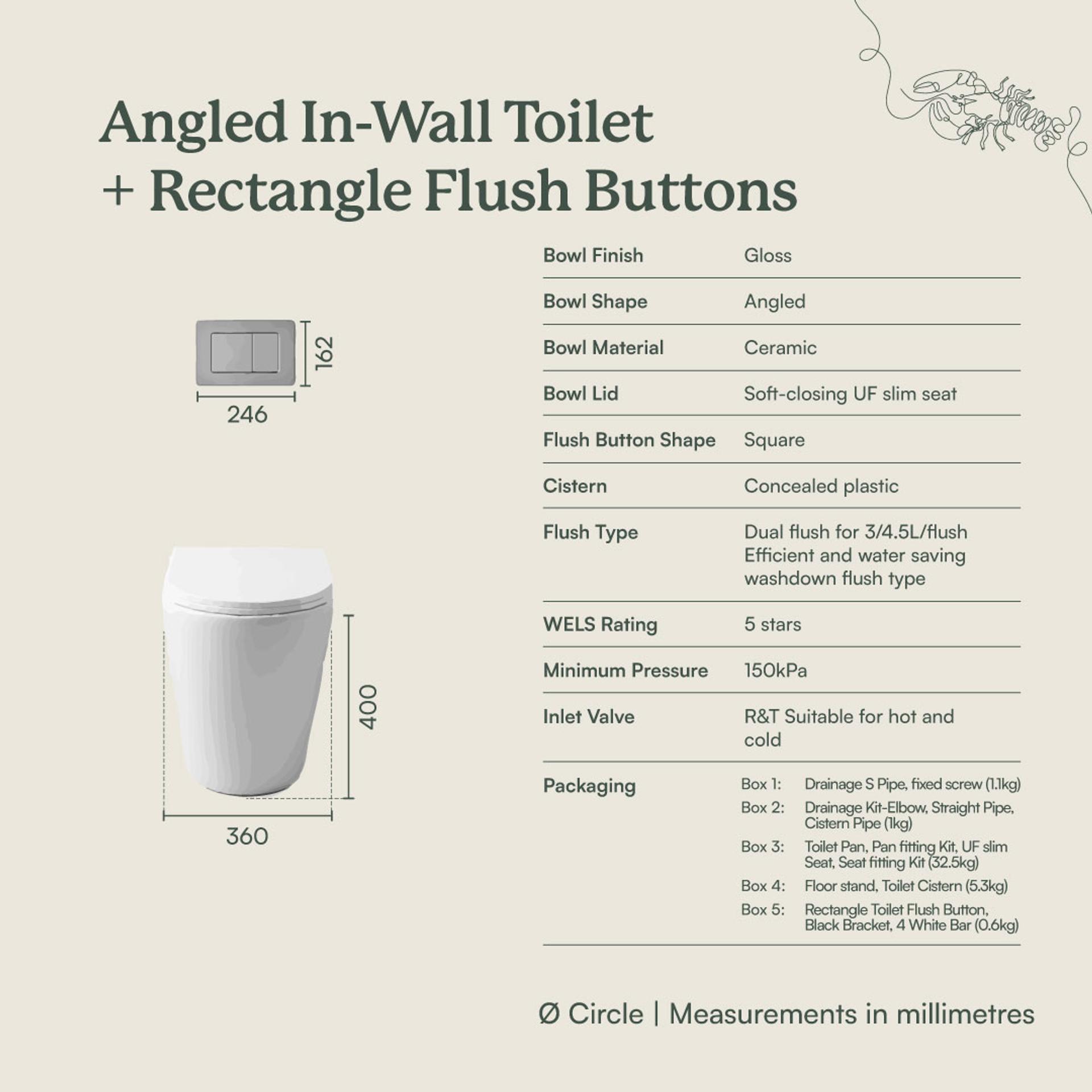 Angled In-Wall Toilet With Rectangle Brushed Brass Buttons | Yabby