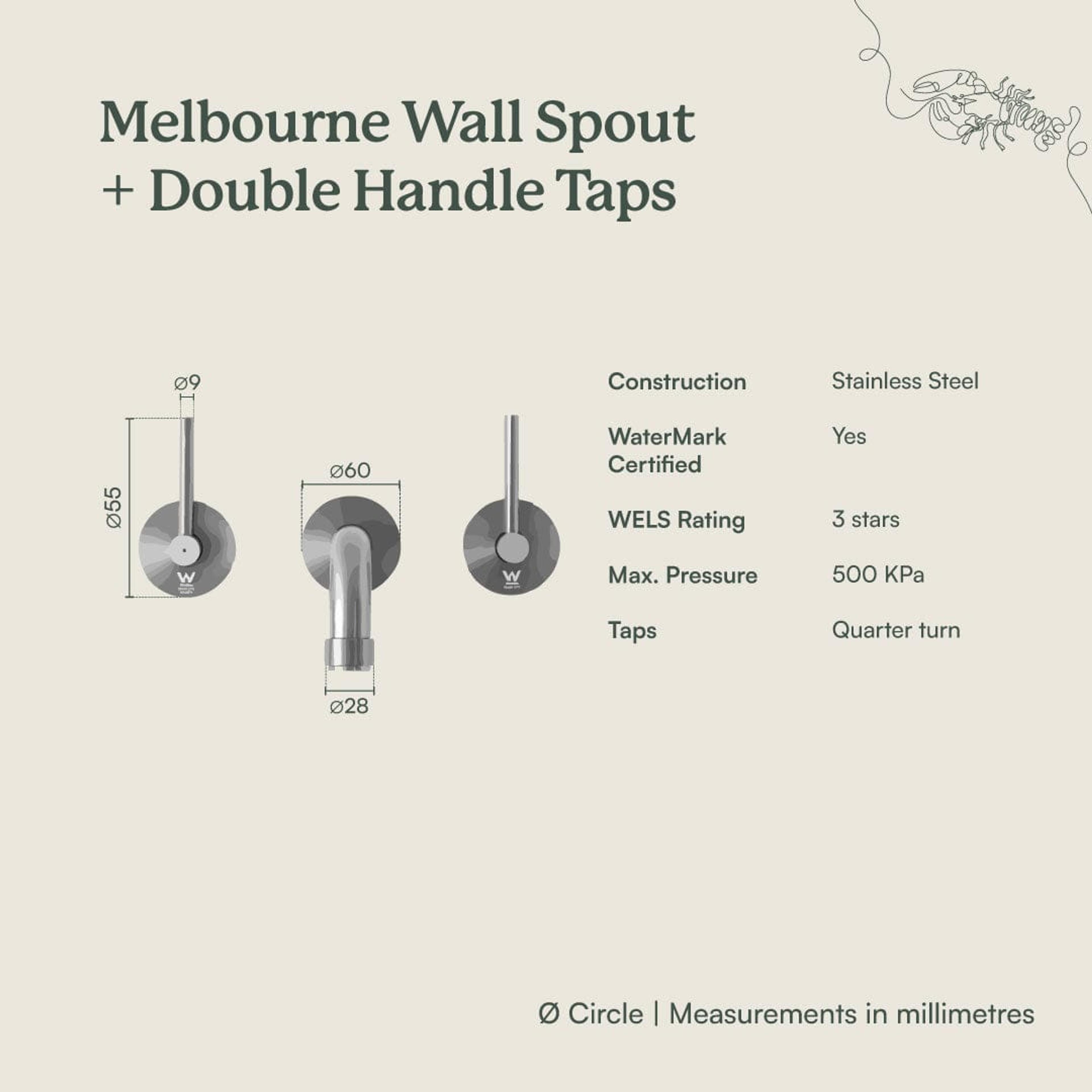 Yabby TAPWARE Melbourne Wall Spout + Double Handle Taps Warm Brushed Nickel