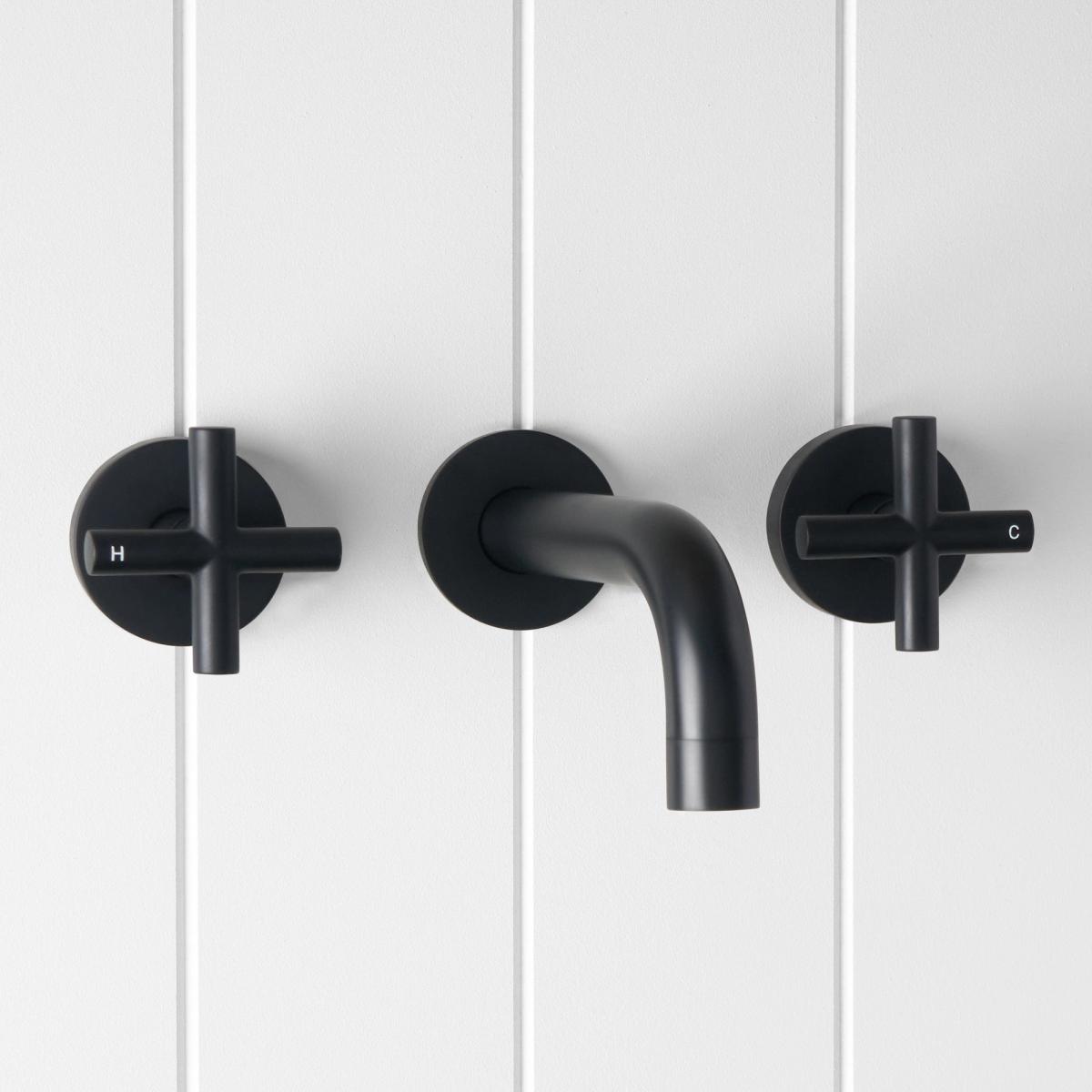 Wall spout + Cross taps Matte Black | TileCloud