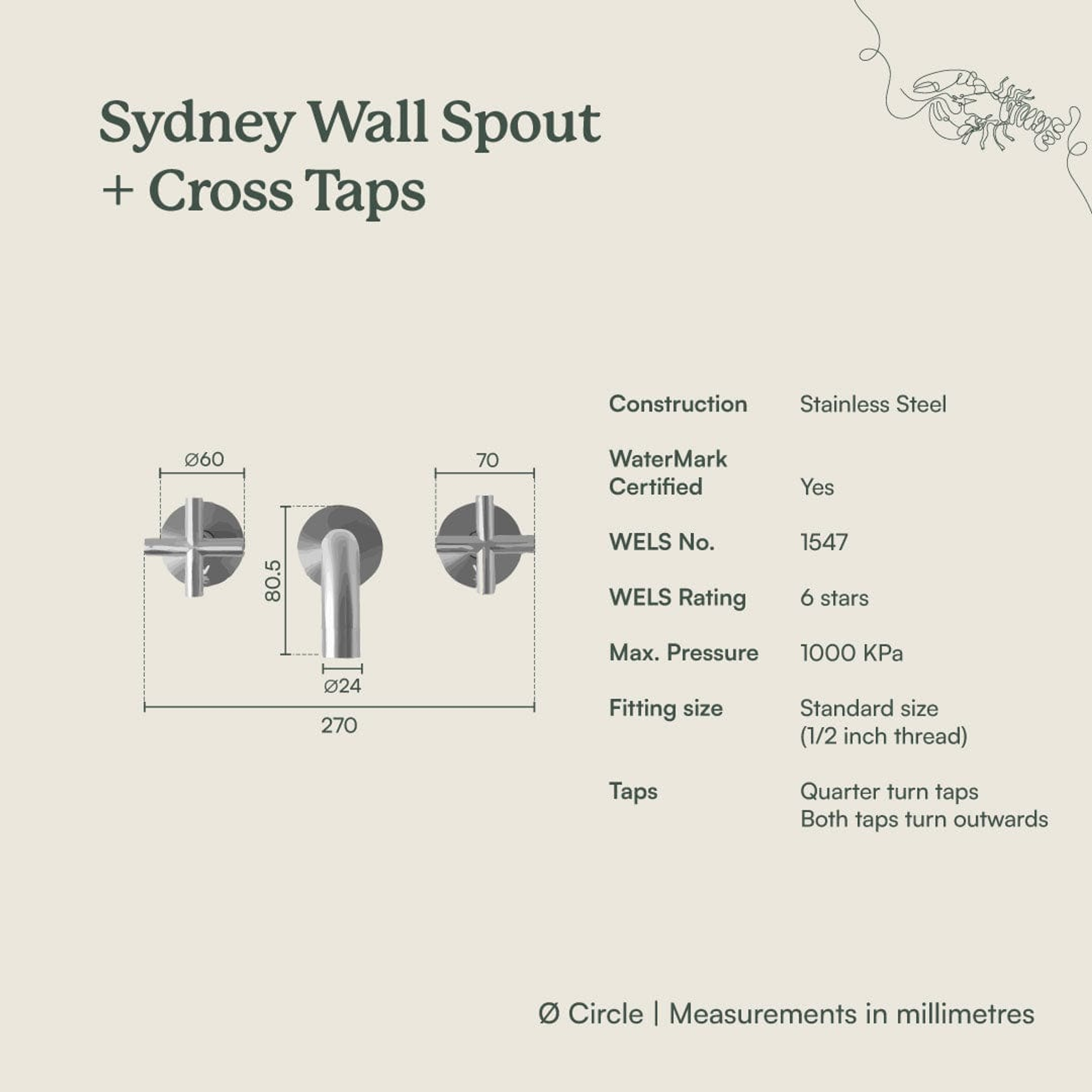 Yabby TAPWARE Sydney Wall Spout + Cross Taps Antique Brass