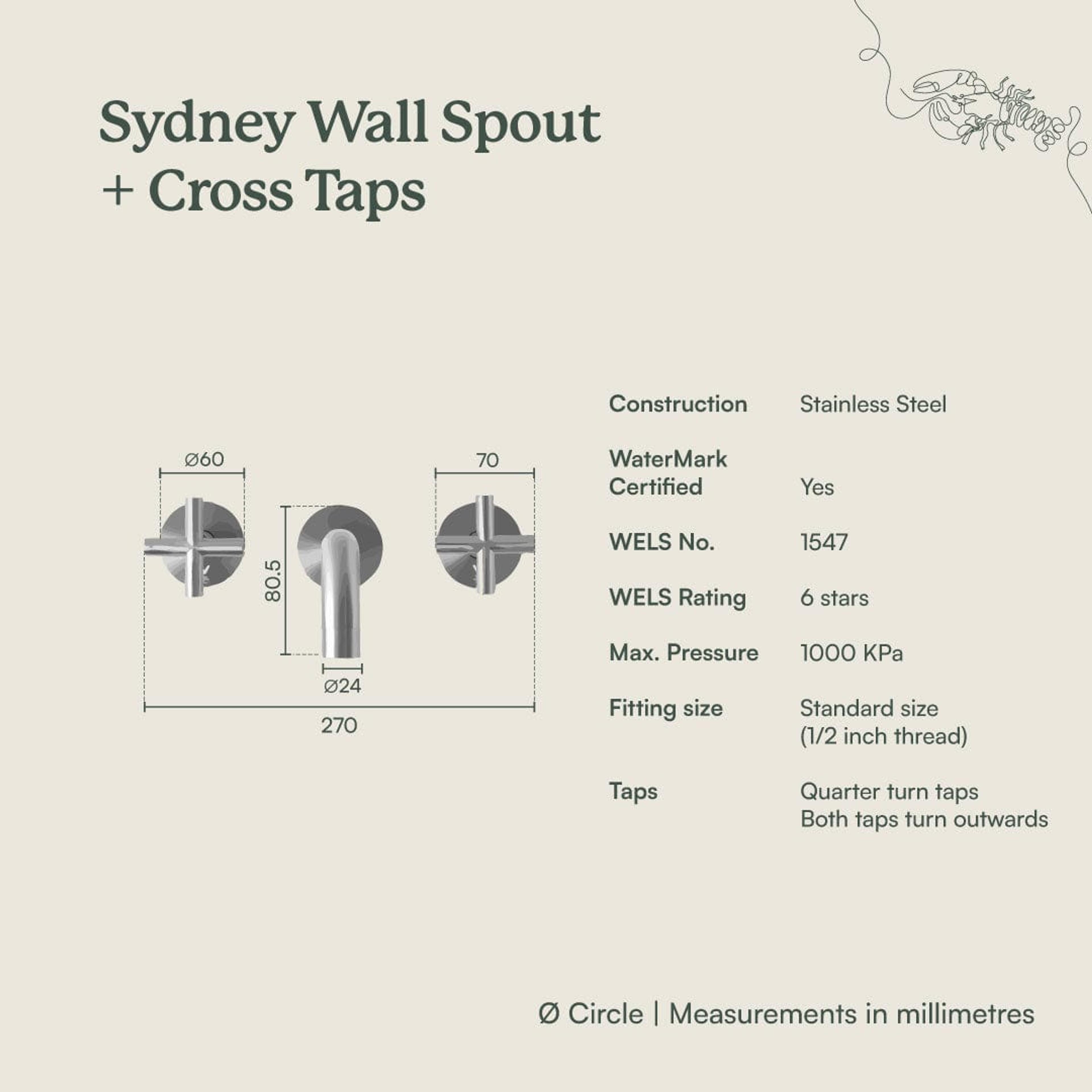 Yabby TAPWARE Sydney Wall Spout + Cross Taps Antique Brass