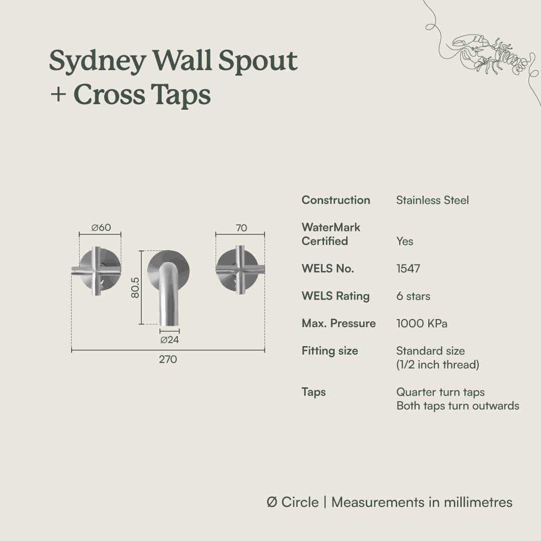 Yabby TAPWARE Sydney Wall Spout + Cross Taps Antique Brass