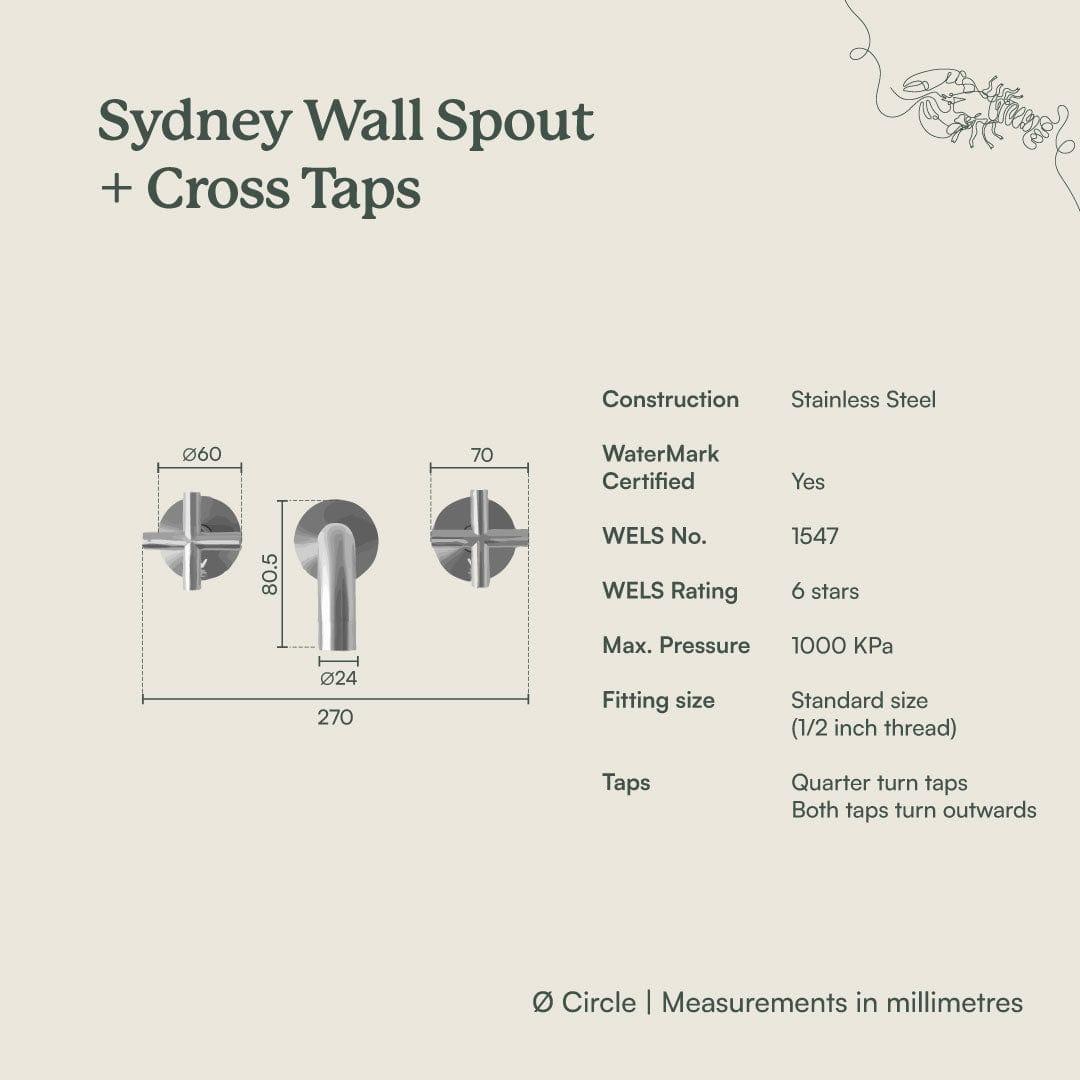 Yabby TAPWARE Sydney Wall Spout + Cross Taps Antique Brass