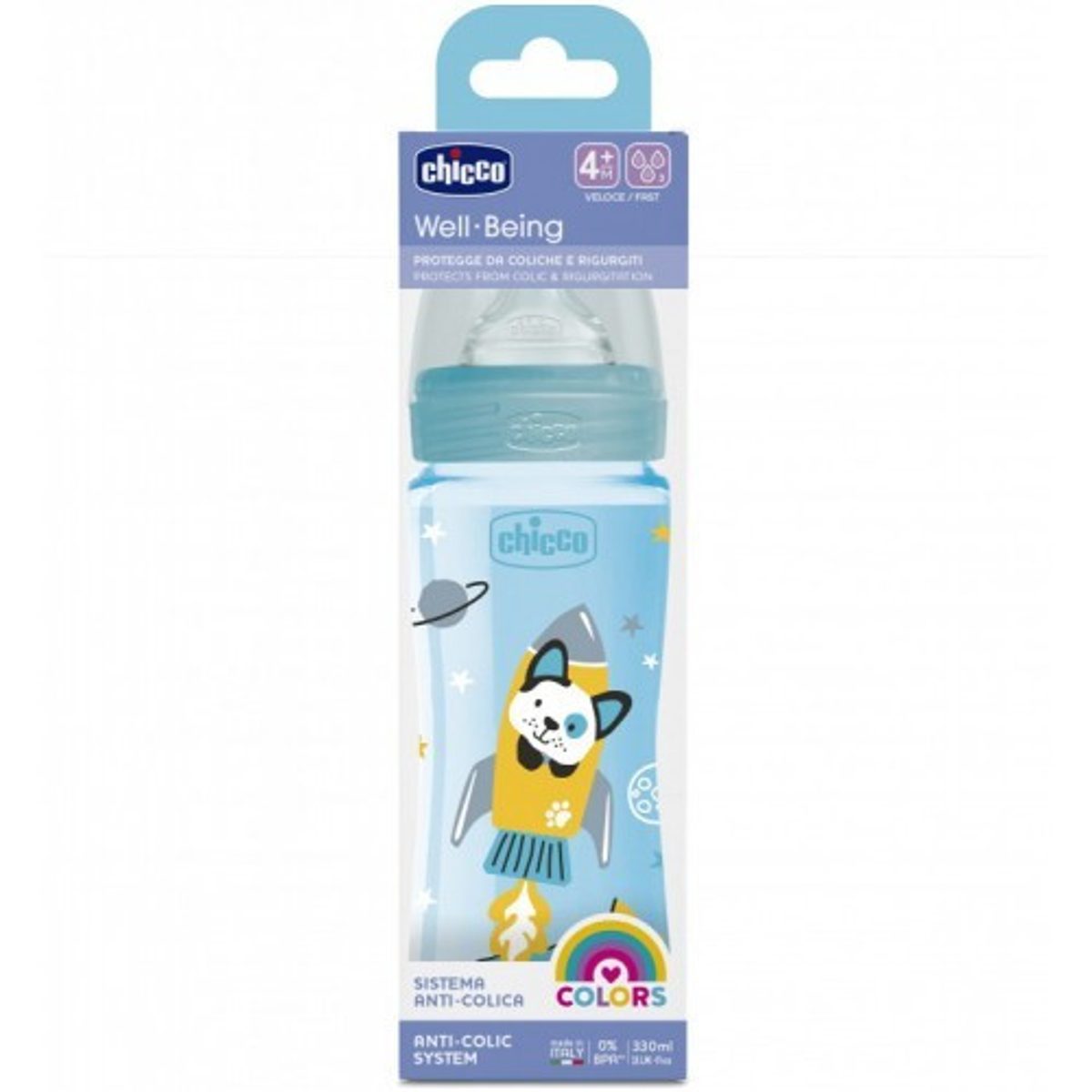 Biberon Chicco Well-Being en polypropylène bleu 330 ml 4m+