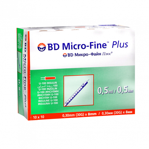 BD Micro-Fine Plus Seringues à insuline 0,5 ml, 8 mm, 30G, boîte de 100