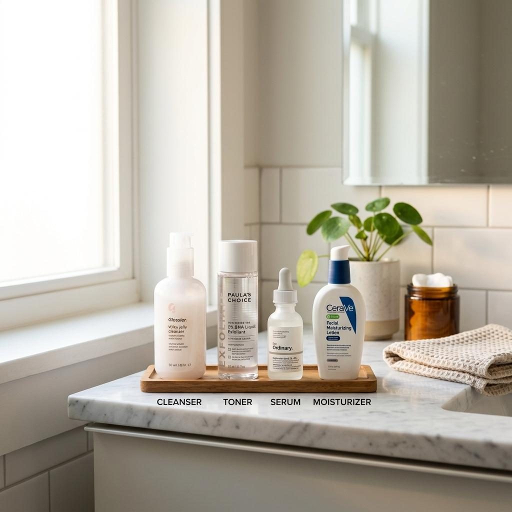 Produits nettoyants et hydratants disposés sur un plateau dans une salle de bain.