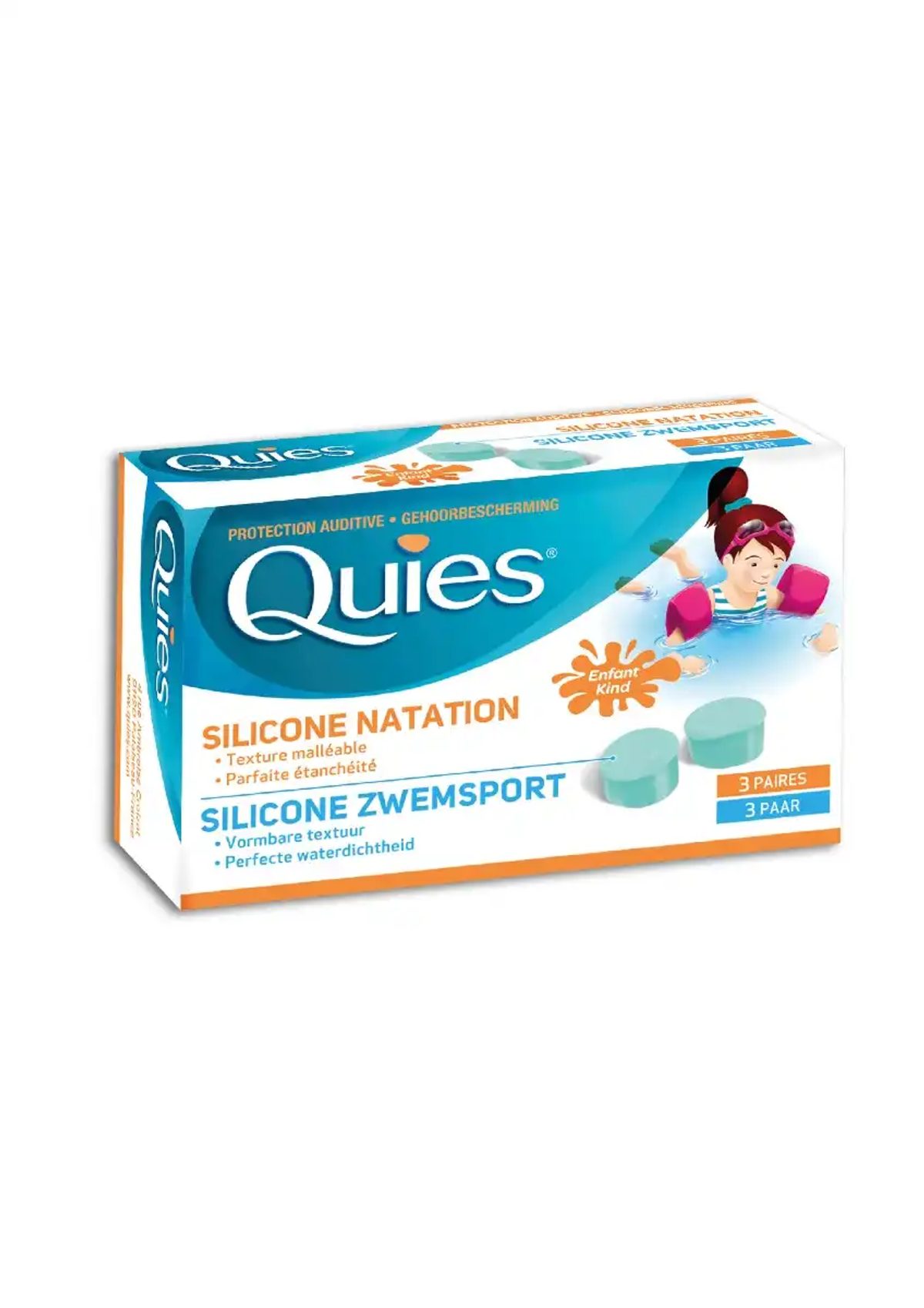 Quies protections auditives silicone natation enfant, 3 paires