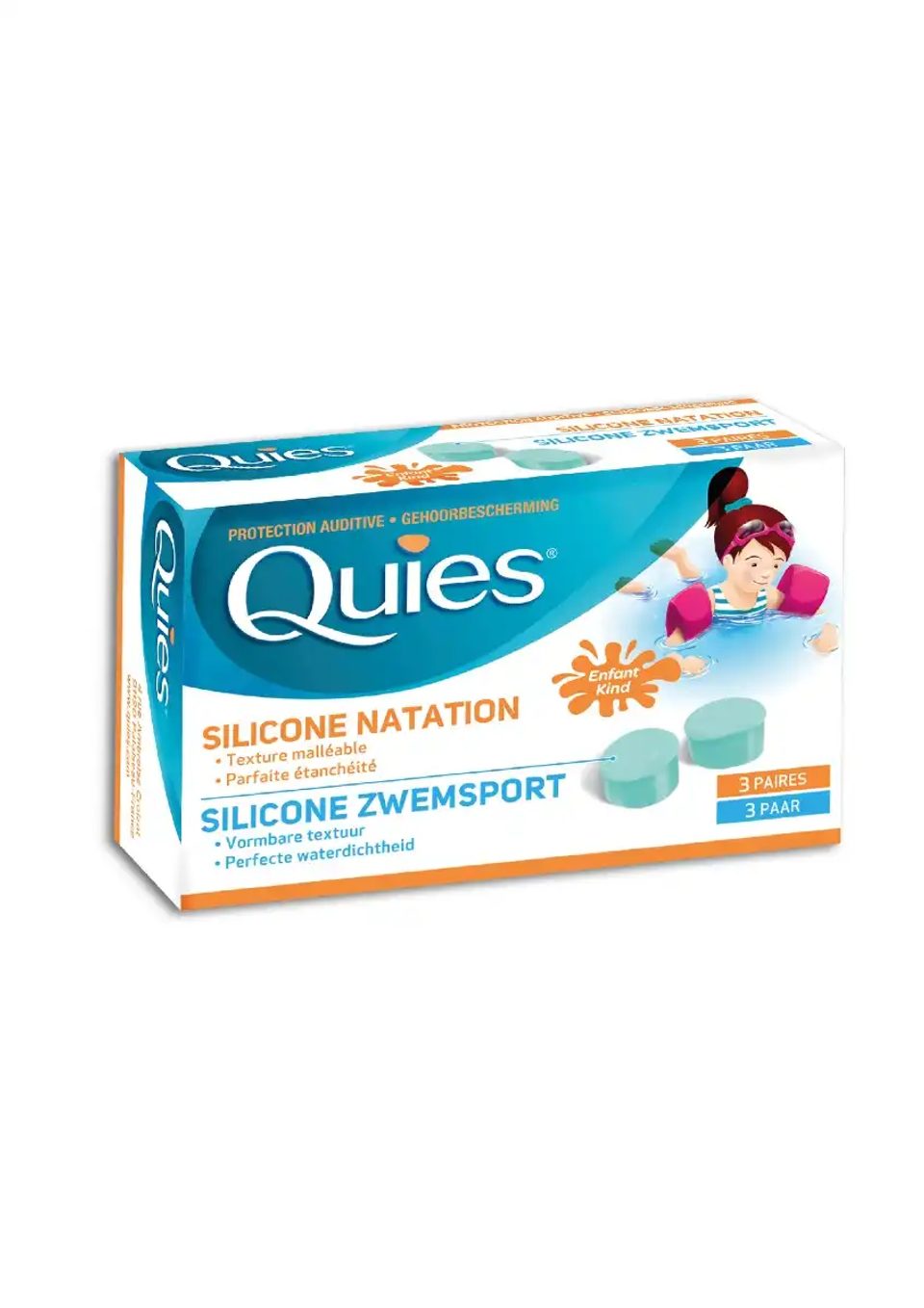 Quies protections auditives silicone natation enfant, 3 paires