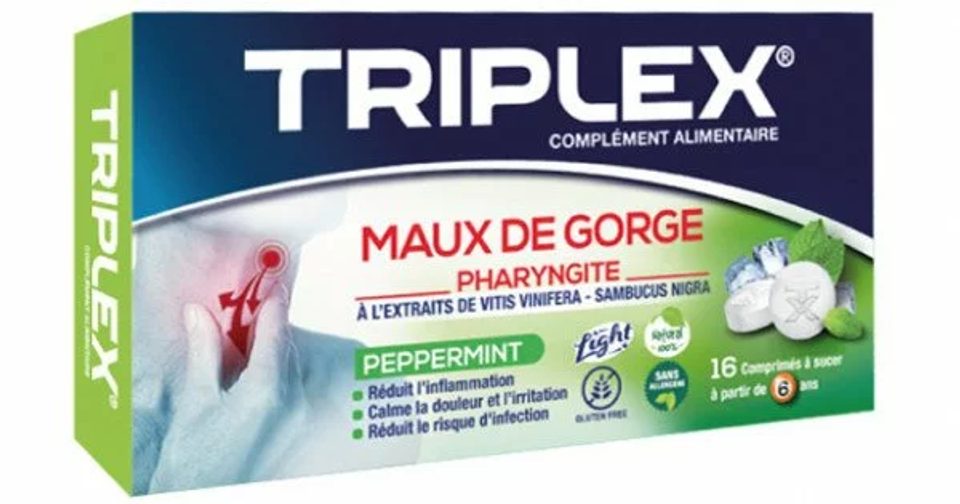 Triplex Maux de gorge Peppermint, 16 comprimés