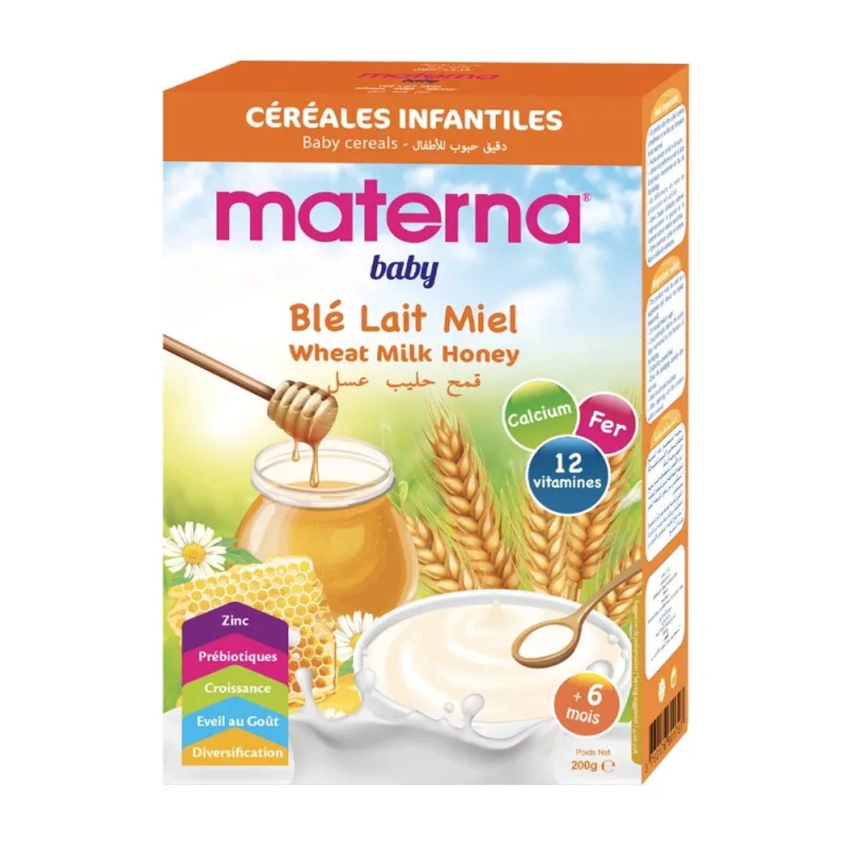 Materna céréales infantiles blé, lait et miel, 200 g
