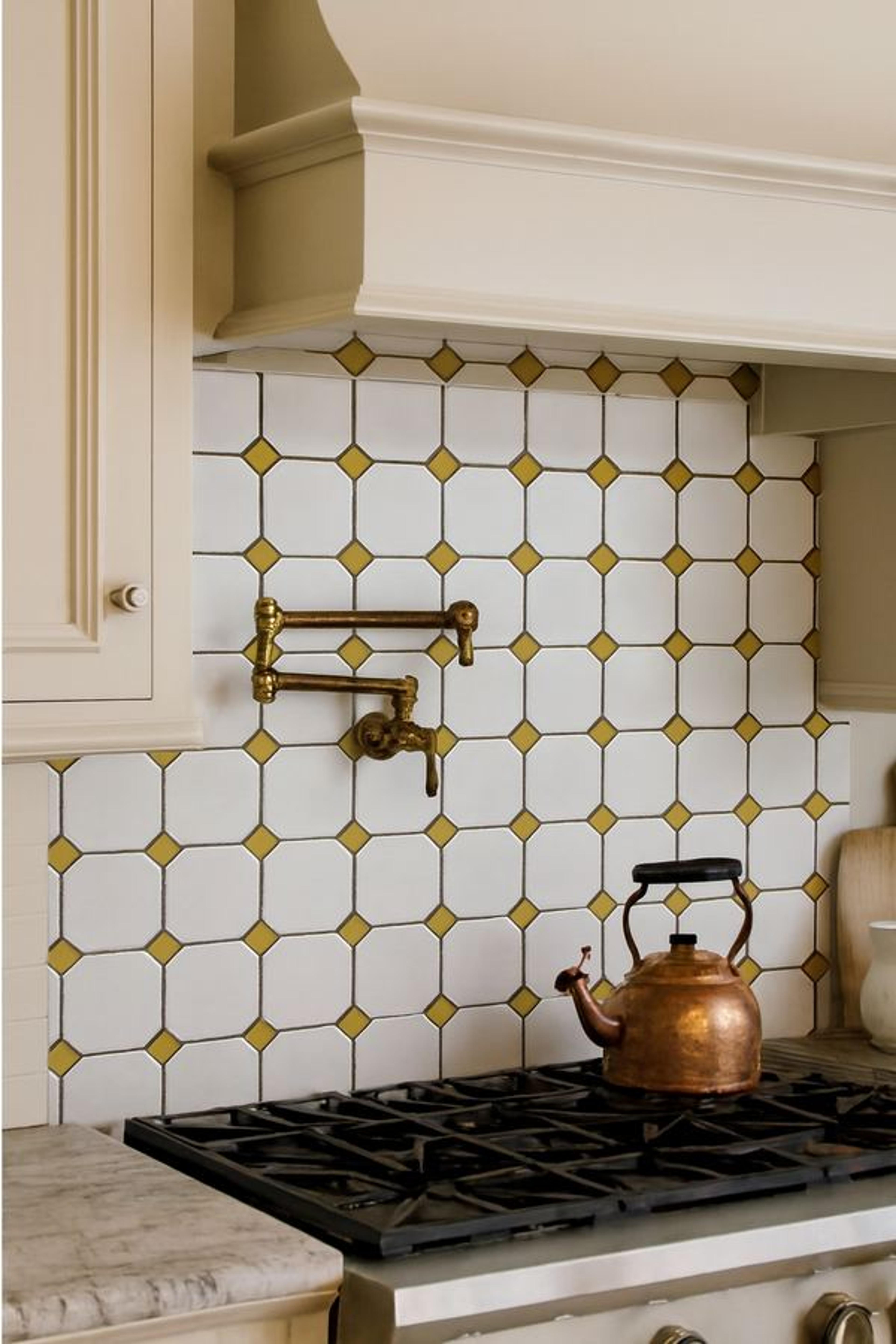 White & Gold Matte Octagonal Tile (MCS660907), in a room