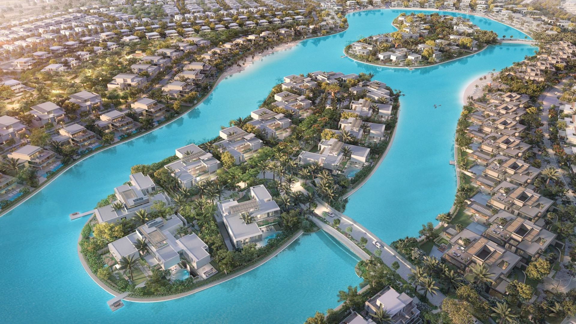 Aerial view of Tilal Al Ghaf lagoon and villas