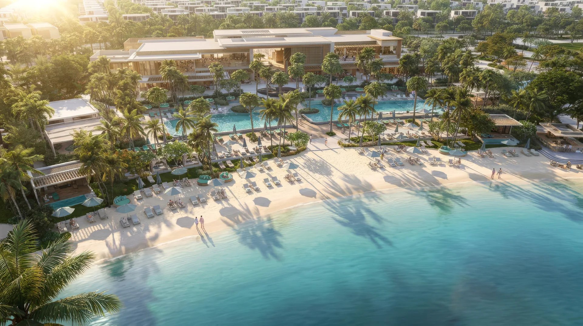 Aerial view of the Plagette 32 Beach Club beside the Tilal Al Ghaf lagoon