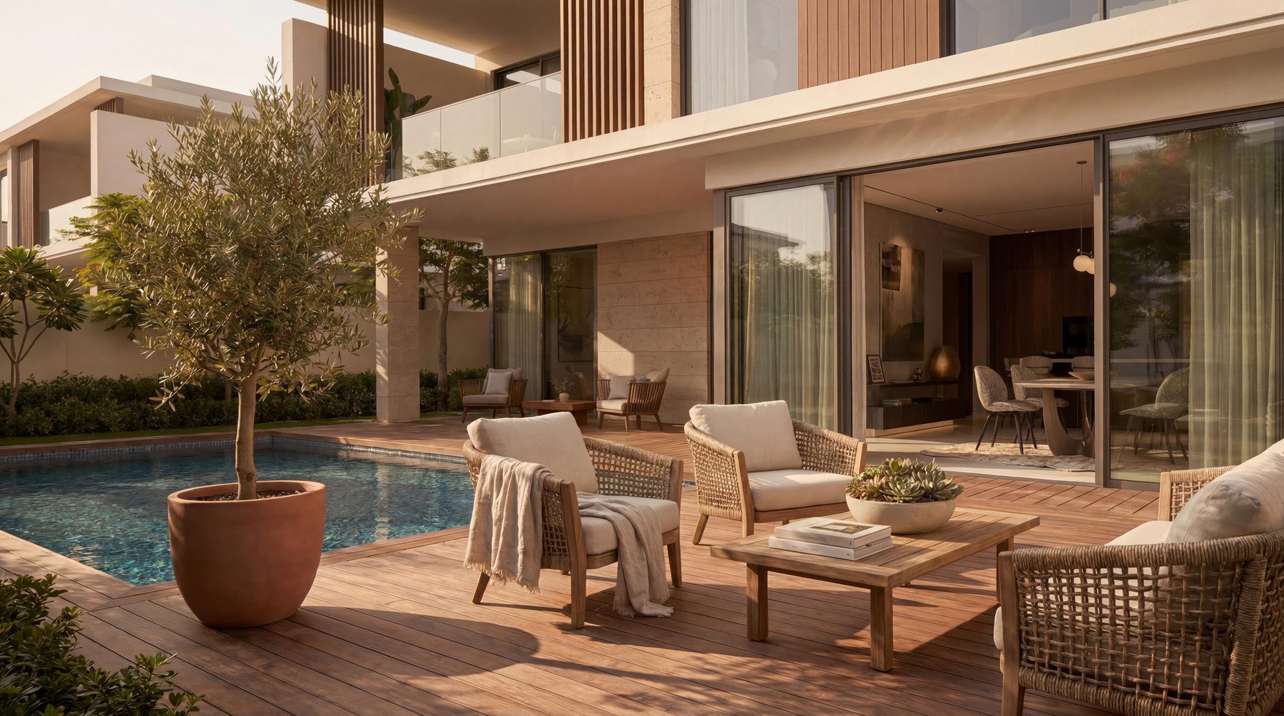 Editorial image of a modern villa terrace and pool in Dubai
