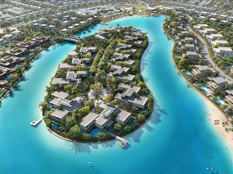 Aerial view of Tilal Al Ghaf lagoon and villas