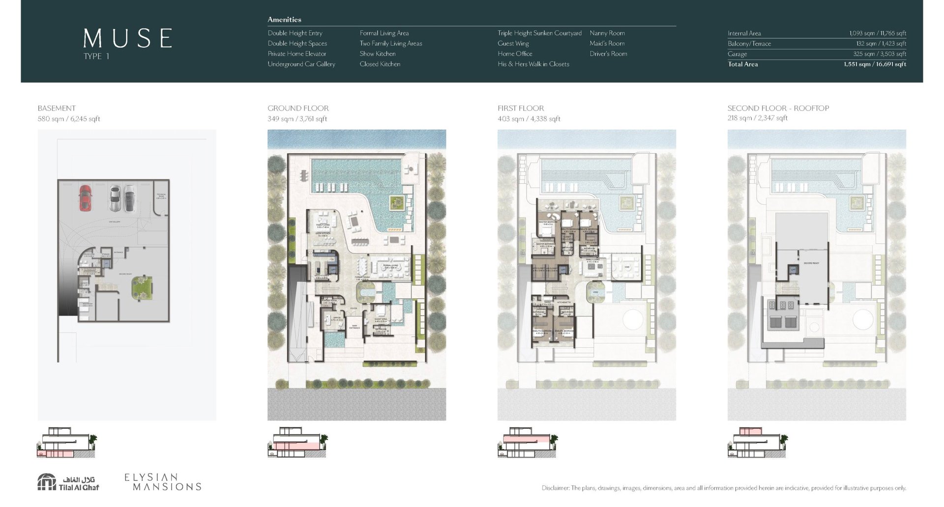 Muse Type 1 floor plan, basement through rooftop