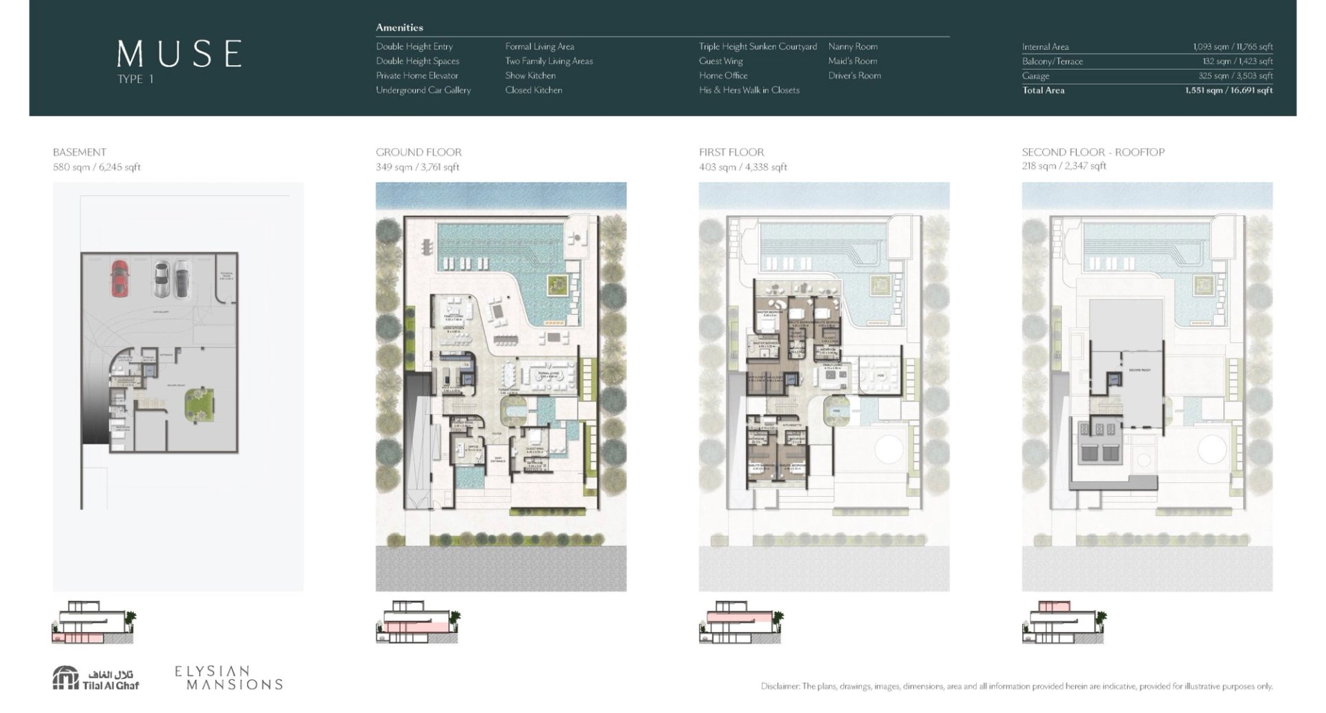 Muse Type 1 floor plan, basement through rooftop