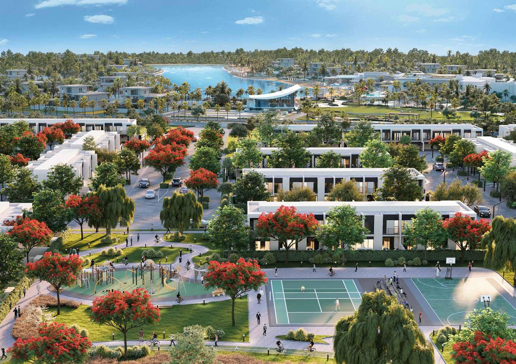 Aerial view of Tilal Al Ghaf lagoon and villas