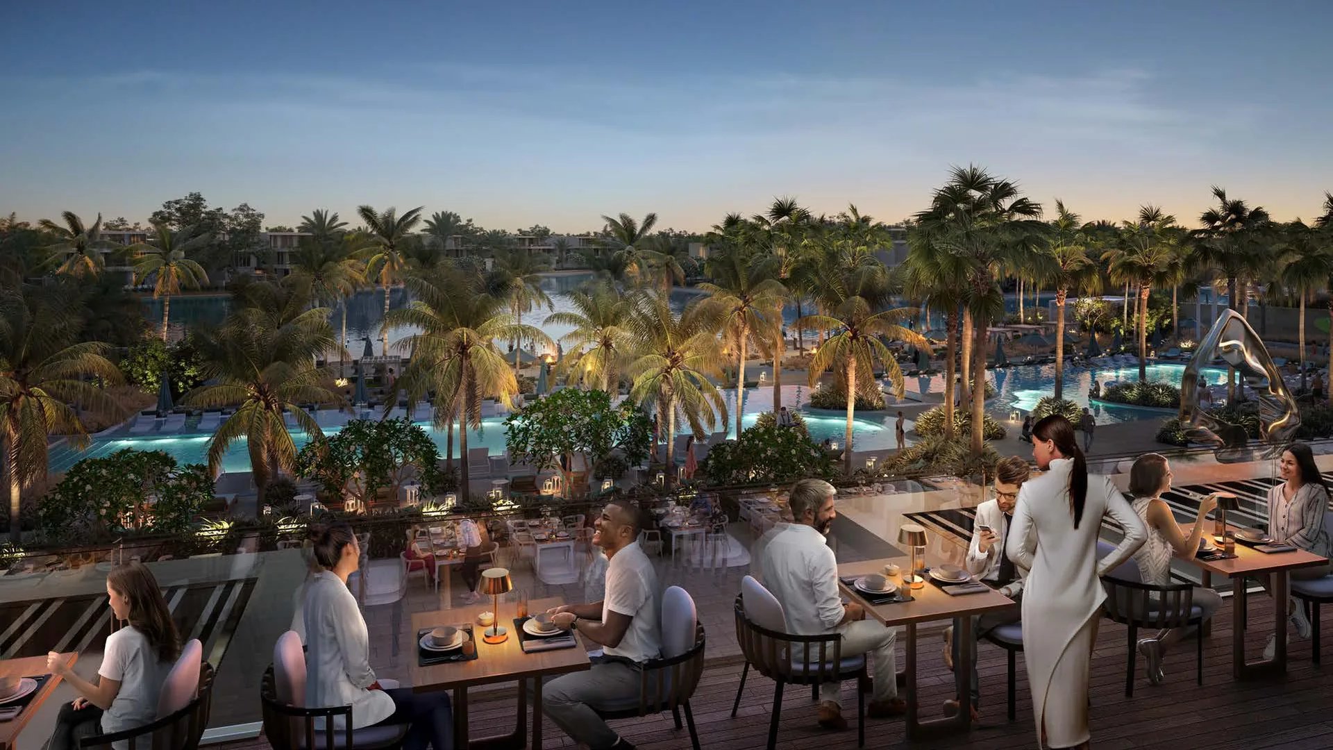 Evening dining terrace overlooking the pools at Plagette 32 Beach Club