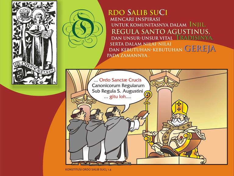 Ilustrasi kalender: tiga kanonik menyerahkan buku kepada seorang paus, dengan kutipan Konstitusi Ordo Salib Suci 1.4.