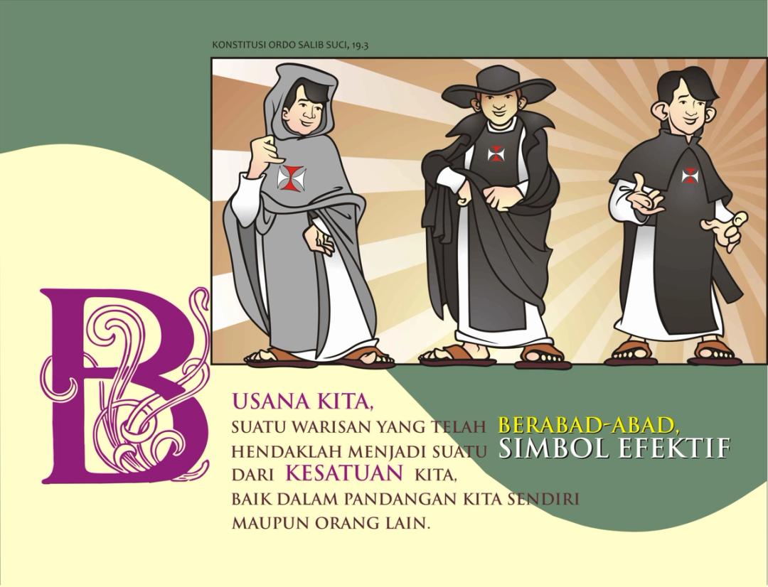 Ilustrasi kalender: tiga Krosier dengan busana dari masa yang berbeda, dengan kutipan Konstitusi OSC 19.3 tentang busana.