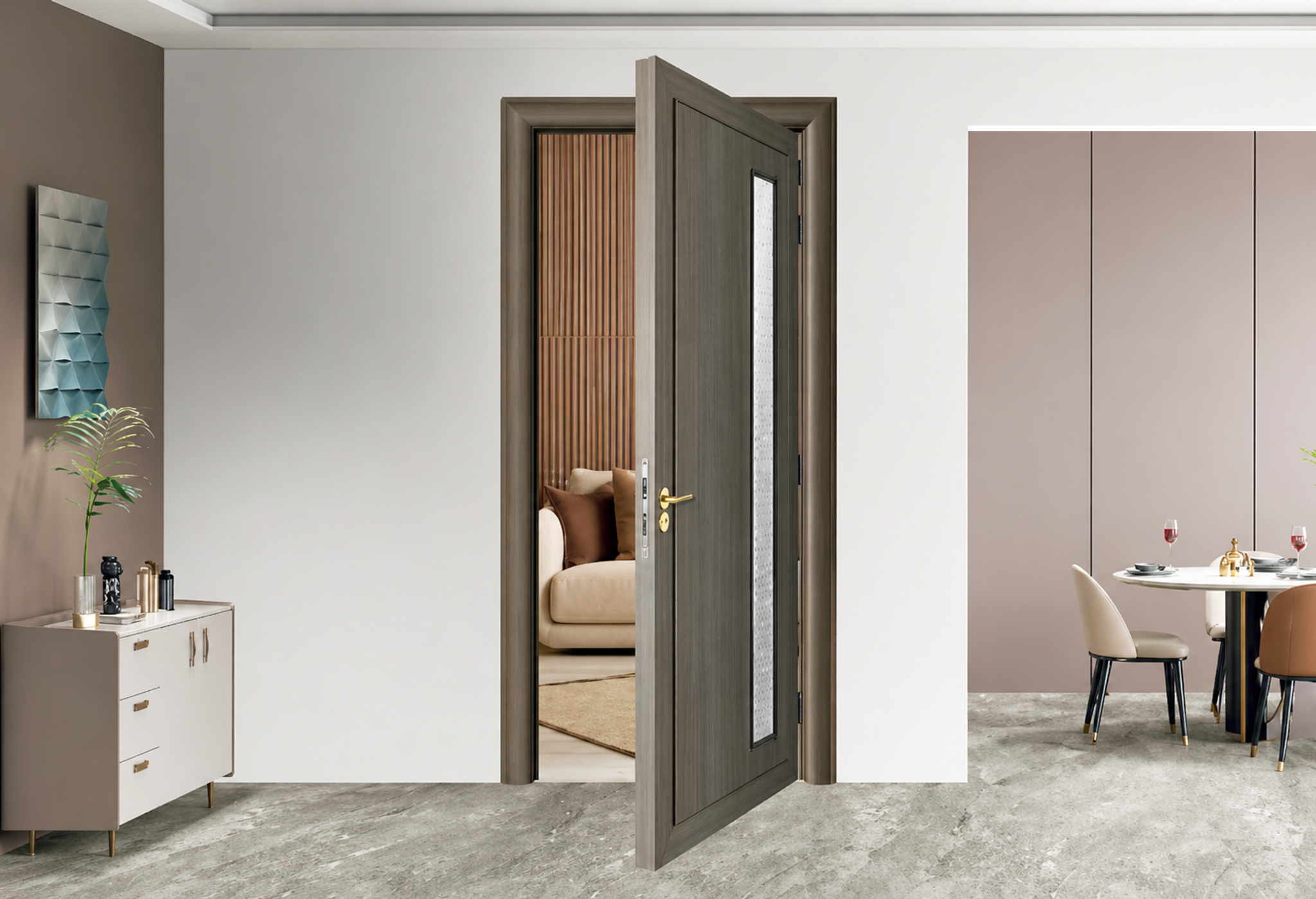 WPC internal door open in a contemporary interior space