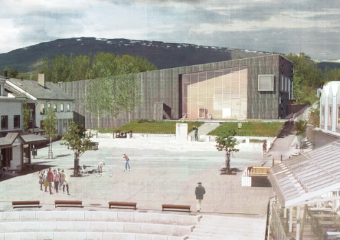 Fauske Allaktivitetshus. Eksteriør fra torget