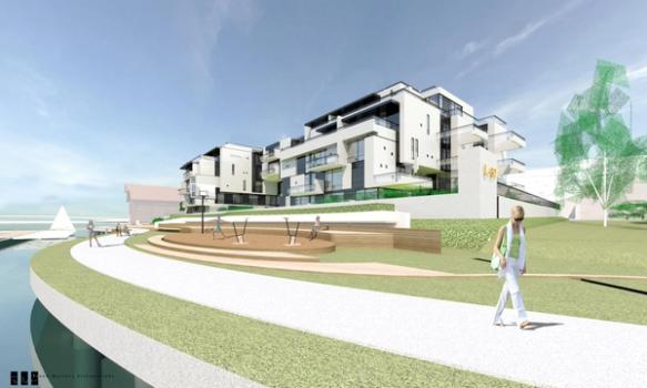 Leilighetskompleks langsmed Drammenselva