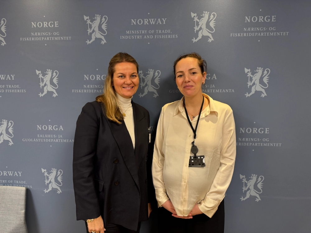 Fra venstre: Anette Søby Bakker, juridisk direktør i Arkitektbedriftene og statssekretær Sigrid Hagerup Melhuus i Nærings- og fiskeridepartementet. (Foto: John-Erik Reiersen)