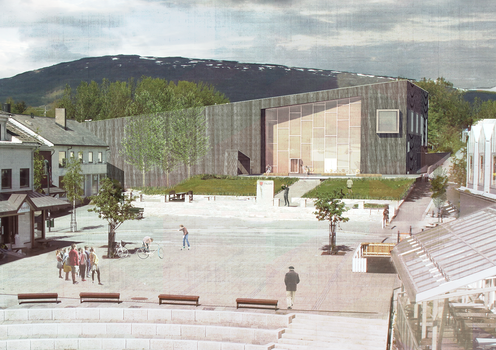 Fauske Allaktivitetshus. Eksteriør fra torget