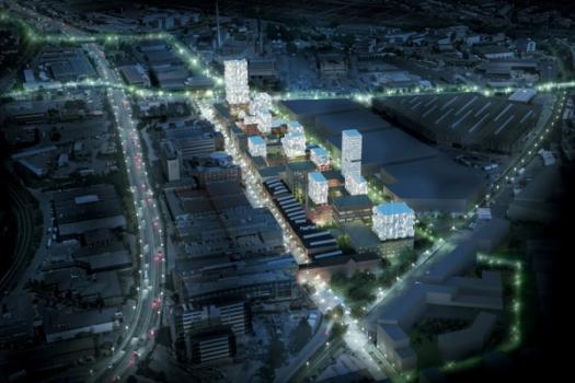 Kabelgata - bolig- og byutvikling, Oslo. Fremtidsbilde, natt. Arkitekt: A-lab