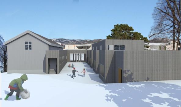 Den Røde Skole, Skien. Under bygging