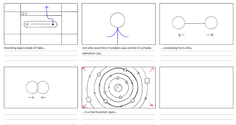 Examples of motion design storyboards and parenting - early stages
