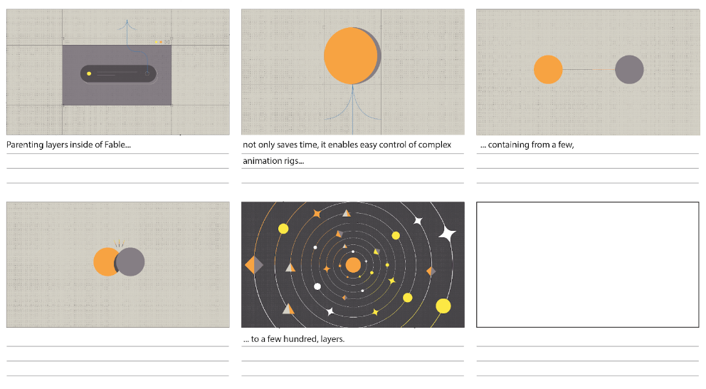 Examples of motion design storyboards and parenting - later stages