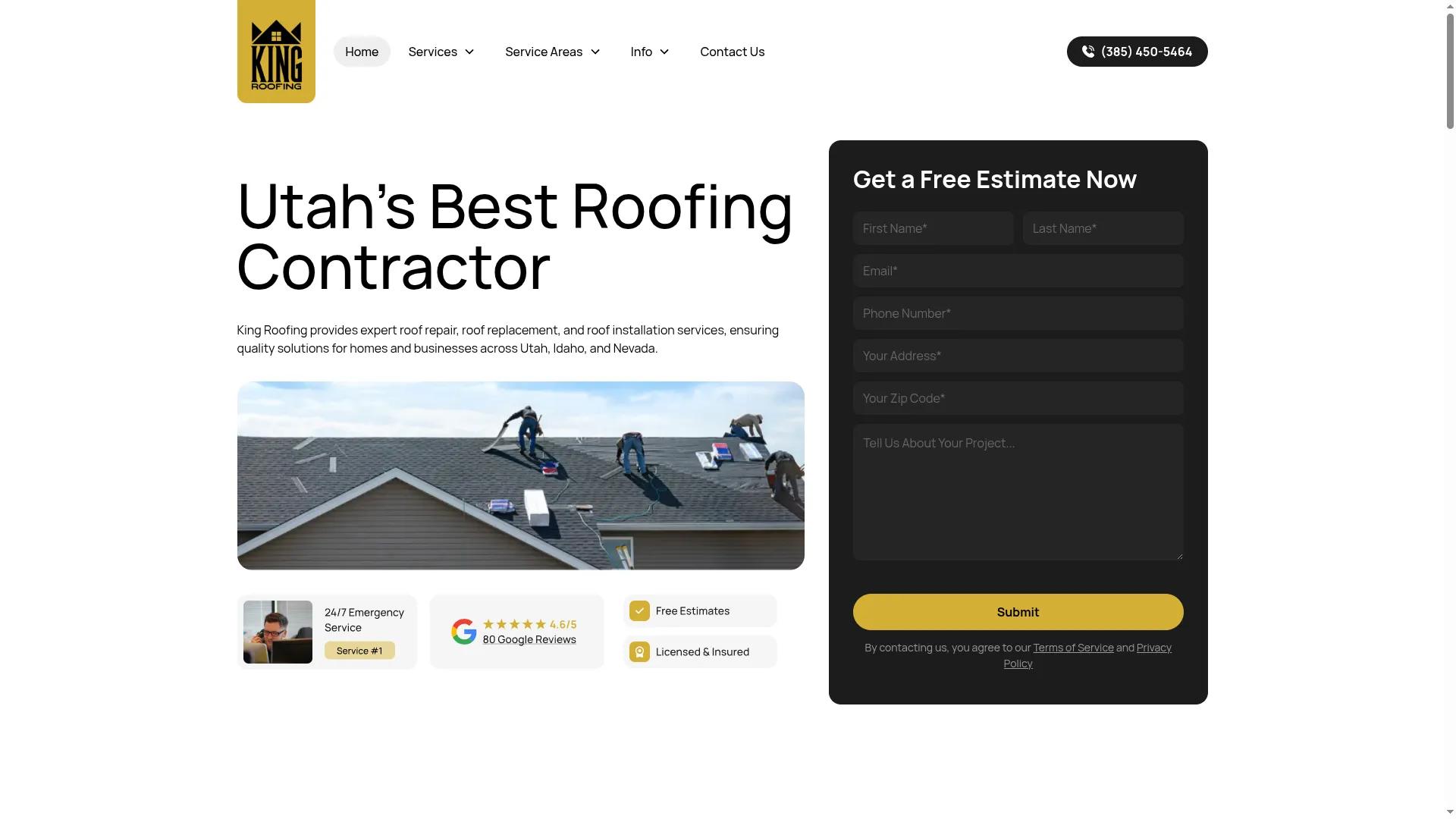 King Roofing website homepage with estimate form