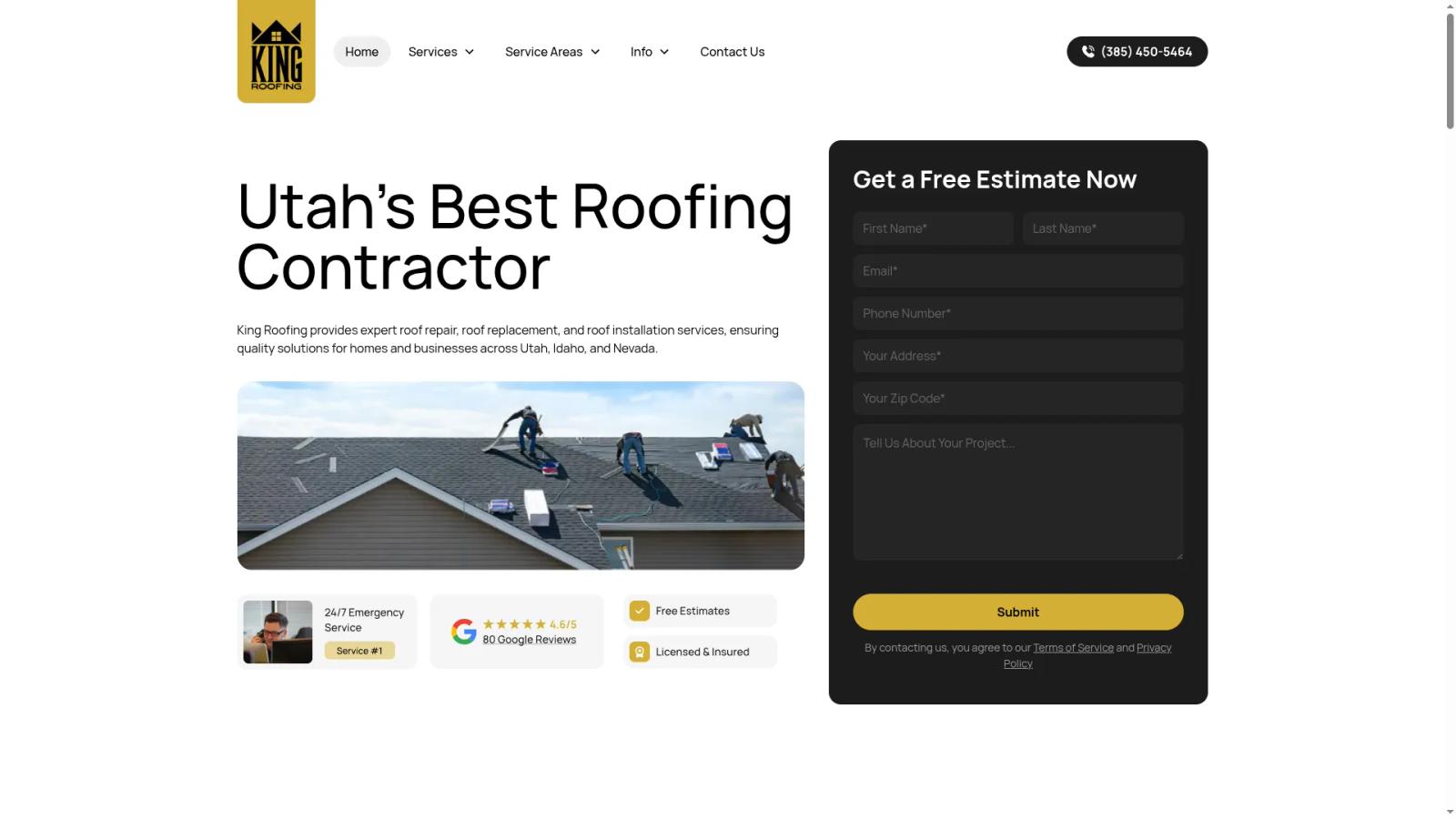 King Roofing website homepage with estimate form