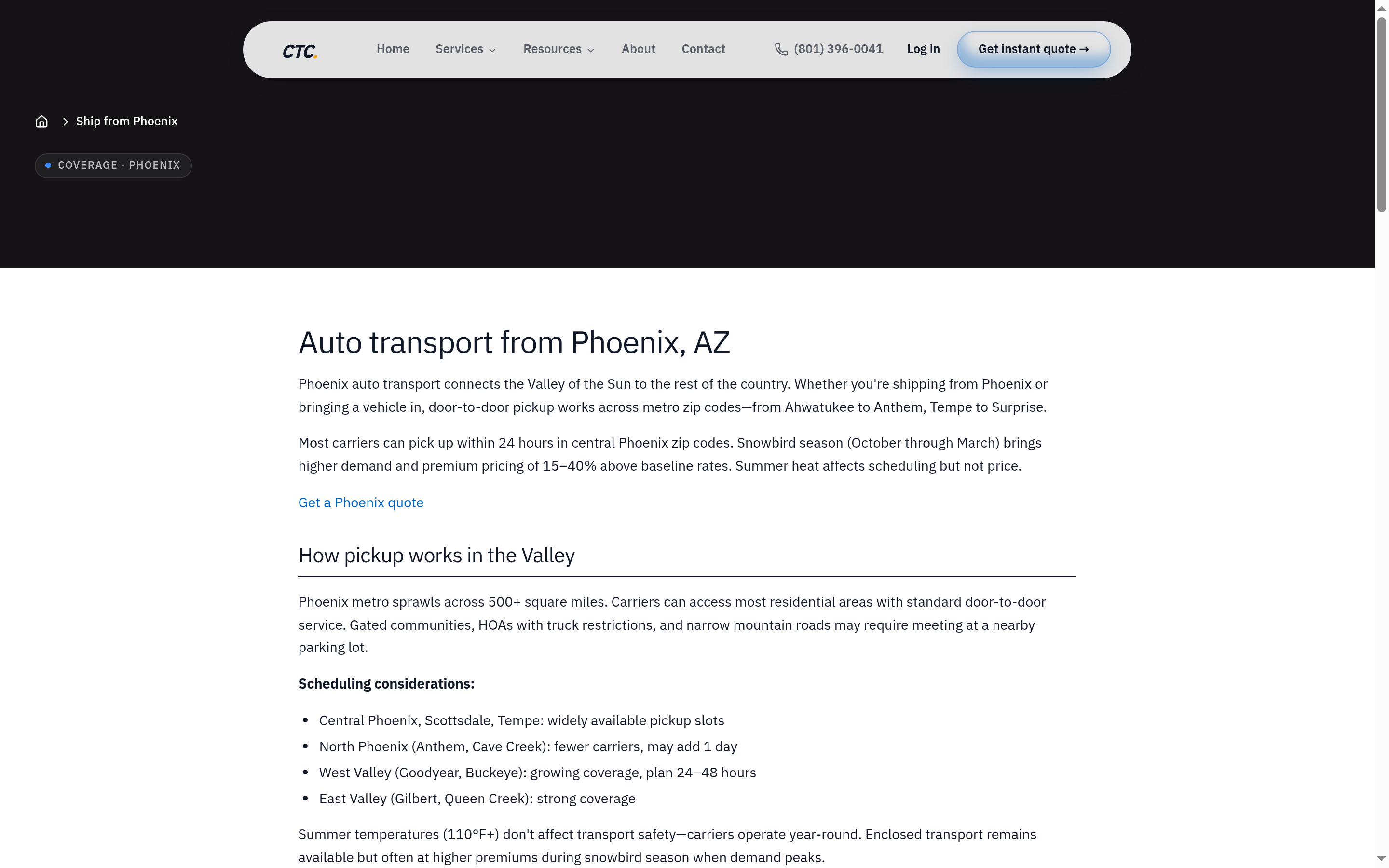 CTC Phoenix auto transport city page