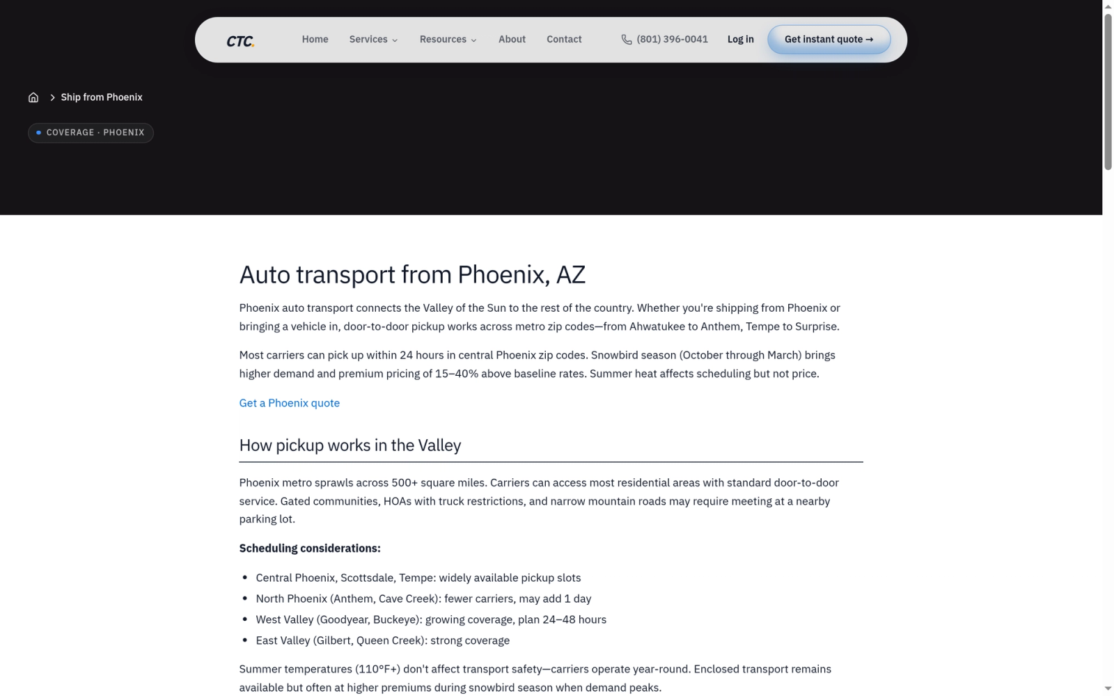 CTC Phoenix auto transport city page